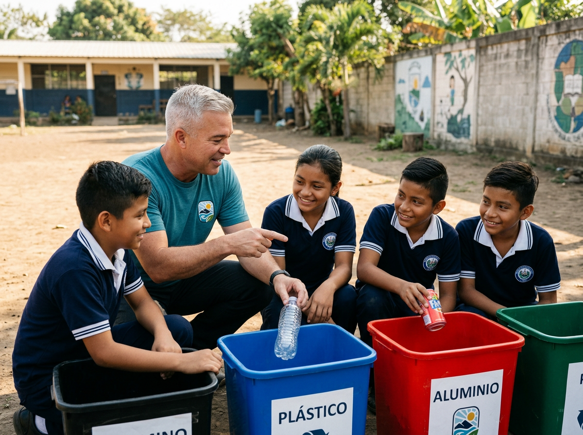 Jonathan Molina con una camiseta turquesa de CLEAN El Salvador clasificando materiales reciclables en contenedores etiquetados con escolares salvadoreños en un patio escolar
