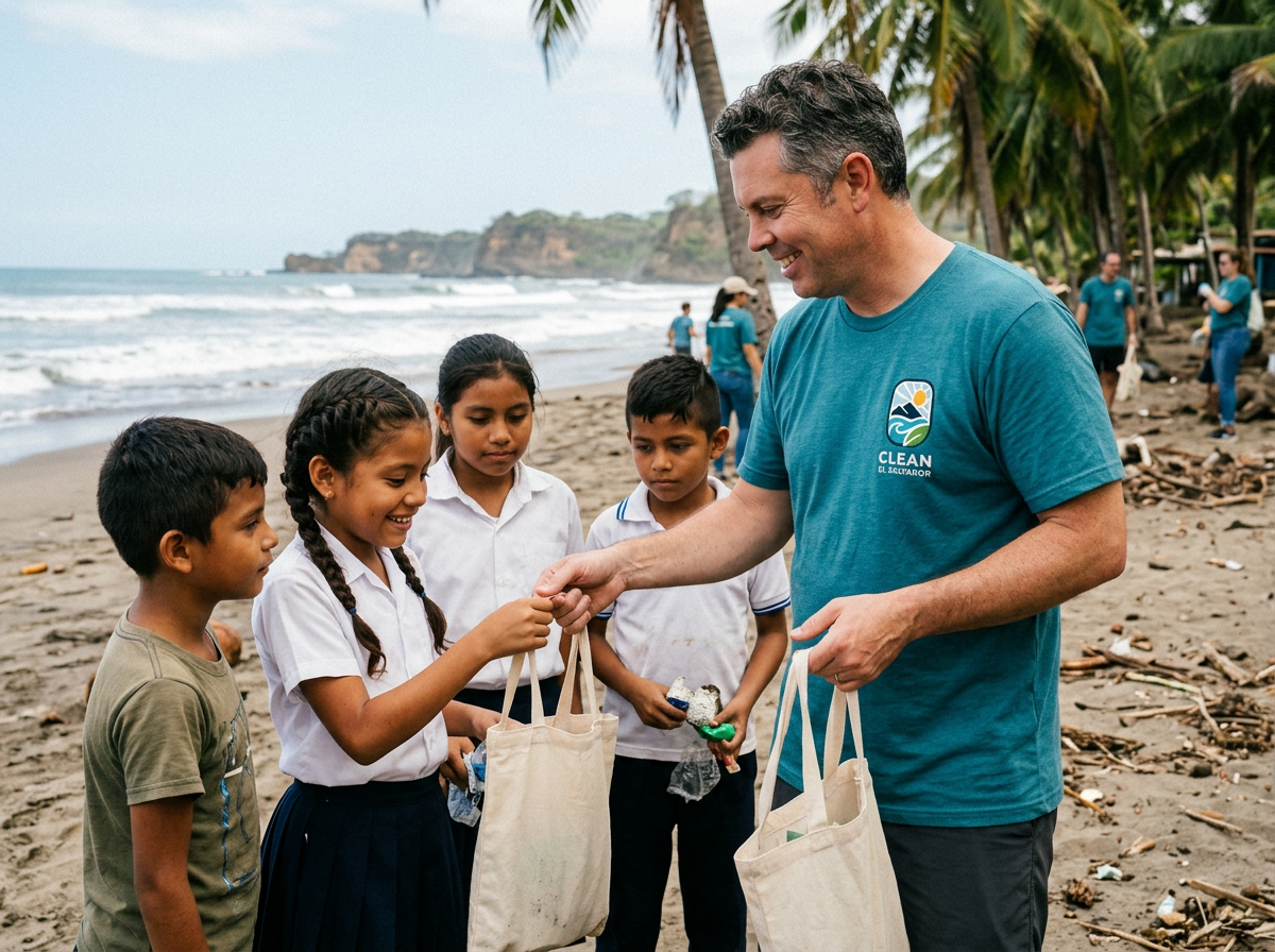 Jhalmar Molina con una camiseta turquesa de CLEAN El Salvador entregando bolsas de recolección a escolares durante una limpieza de playa en La Libertad