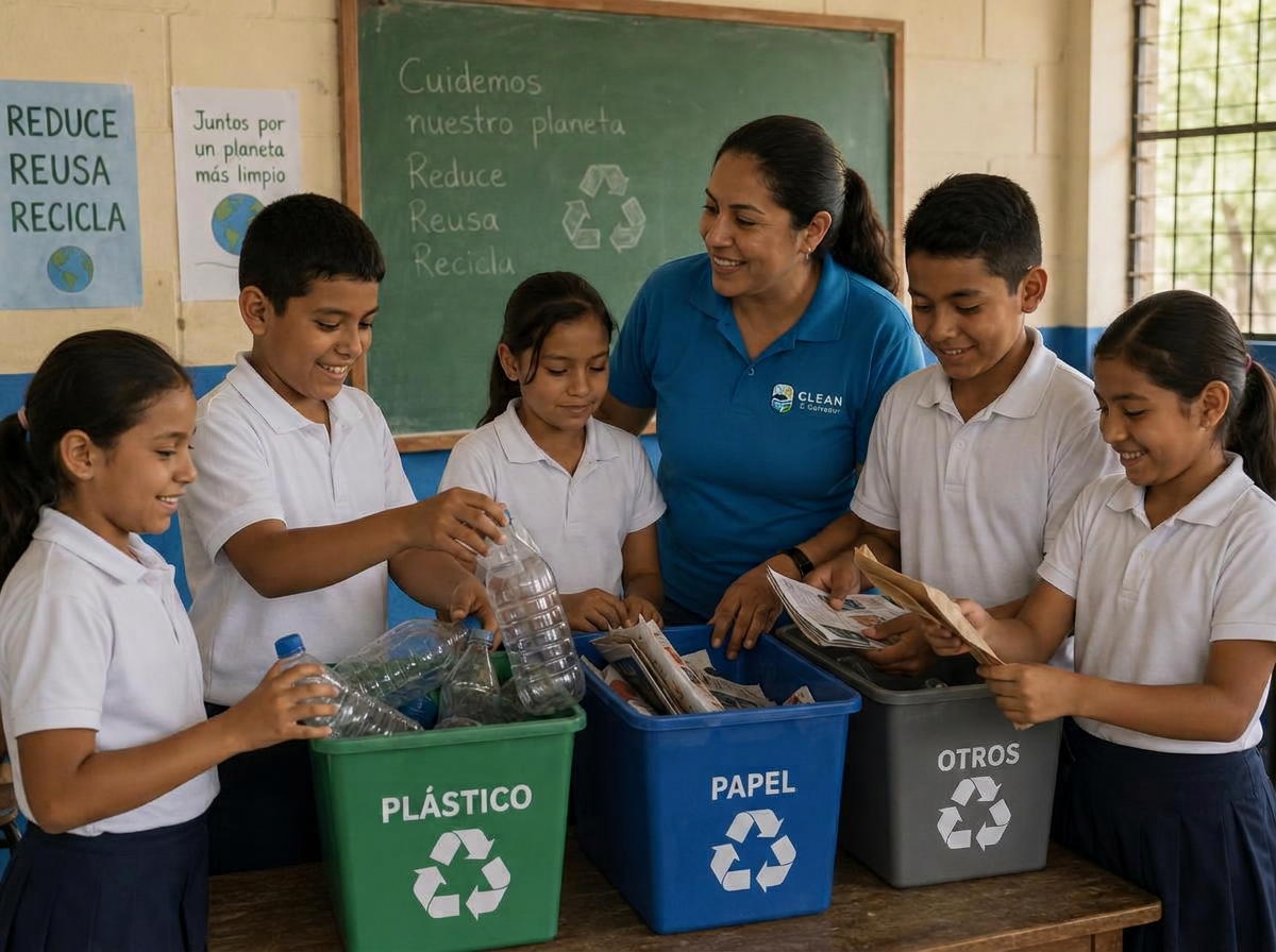 Escolares salvadoreños con sus uniformes escolares clasificando reciclables en contenedores etiquetados con un representante de CLEAN El Salvador