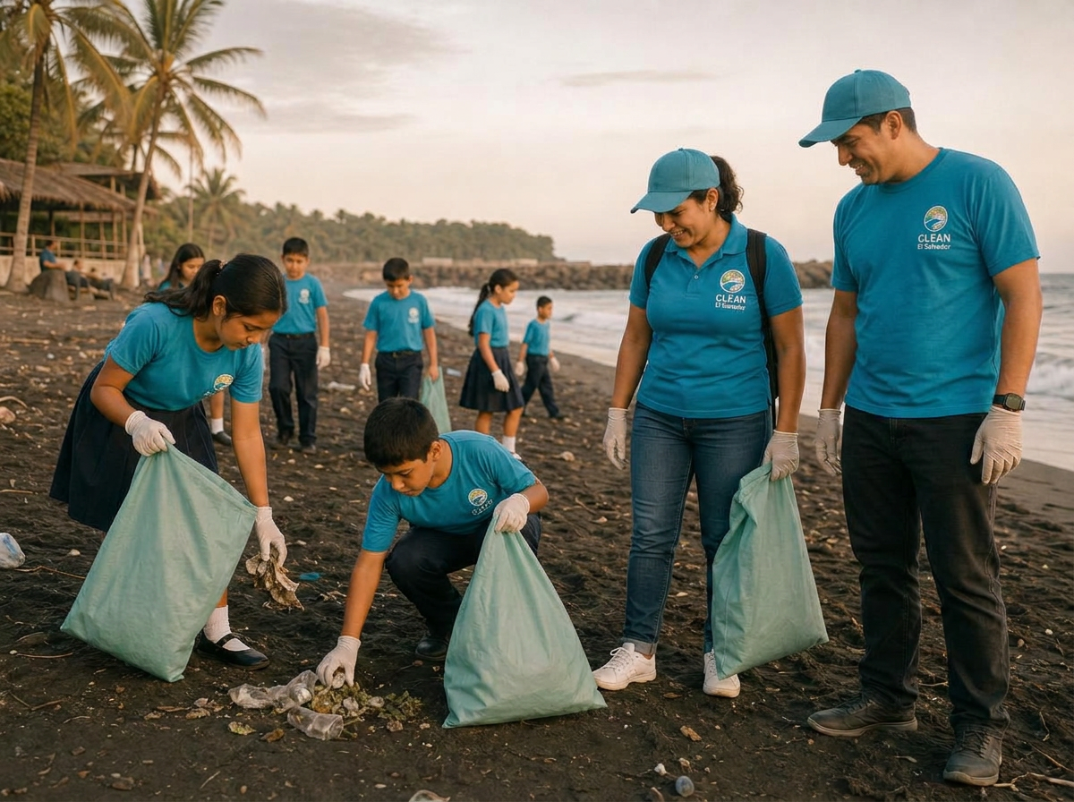 Niños escolares y representantes de CLEAN El Salvador con camisetas de la marca, recogiendo basura en una playa de La Libertad