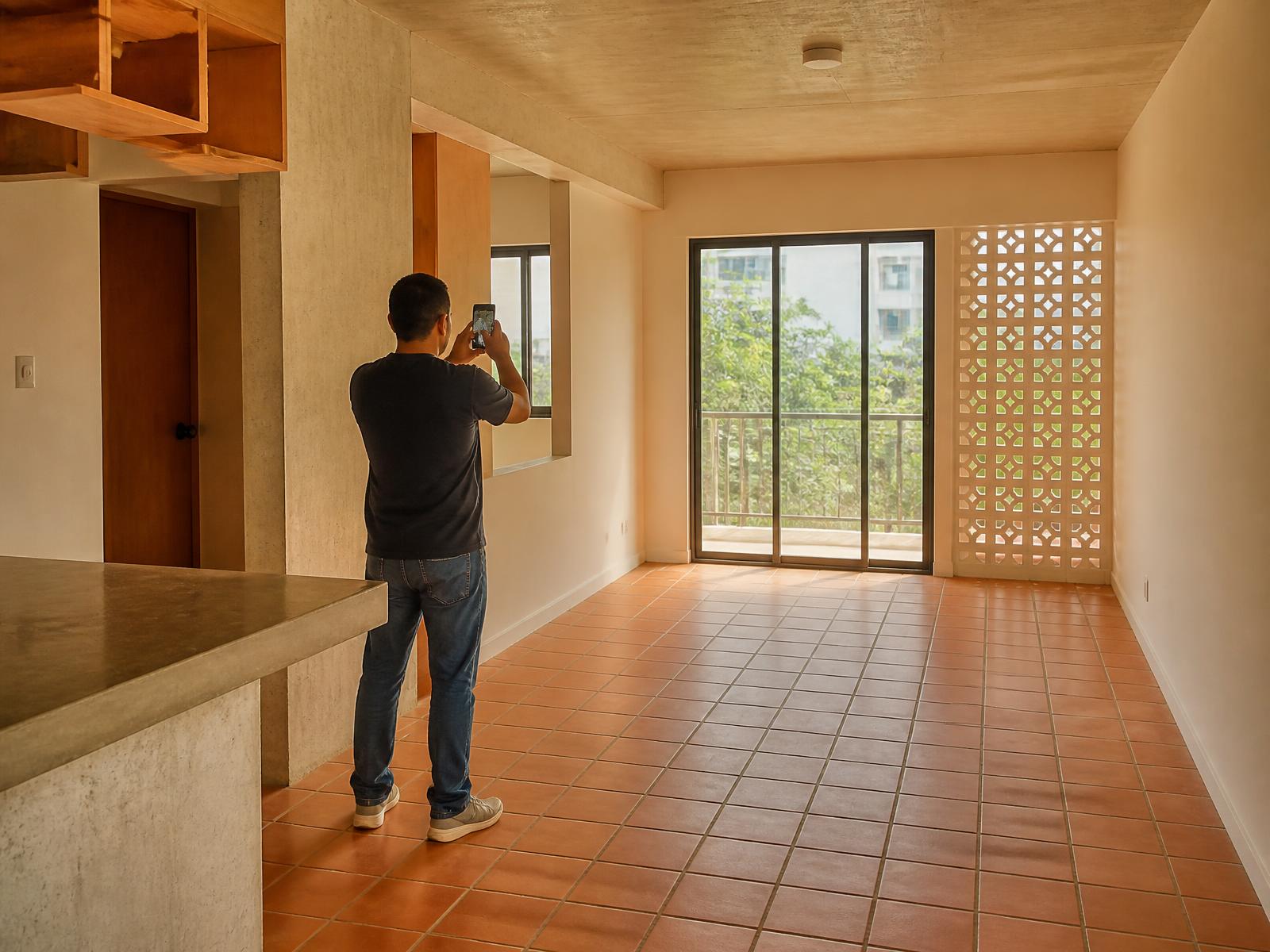 Propietario fotografiando un apartamento vacío en San Salvador para preparar una publicación