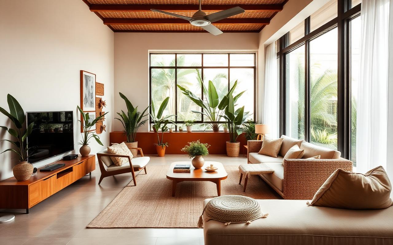 Sala de estar luminosa y amueblada con detalles en terracota y vegetación tropical exterior