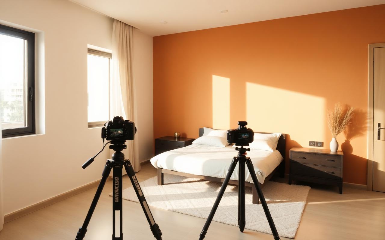 Una cámara en un trípode fotografiando un dormitorio recién preparado en una propiedad de alquiler