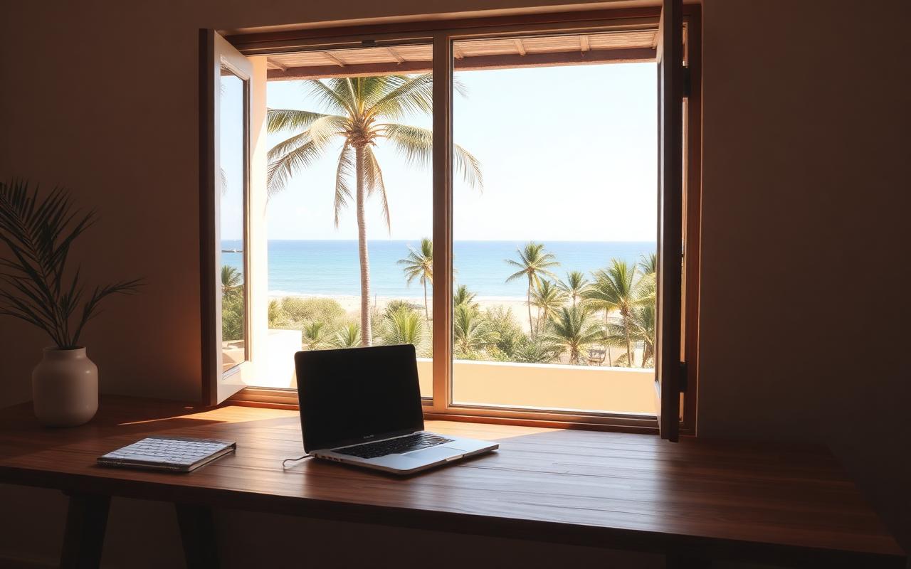 Laptop sobre un escritorio de madera junto a una ventana abierta con vista a la costa del Pacífico