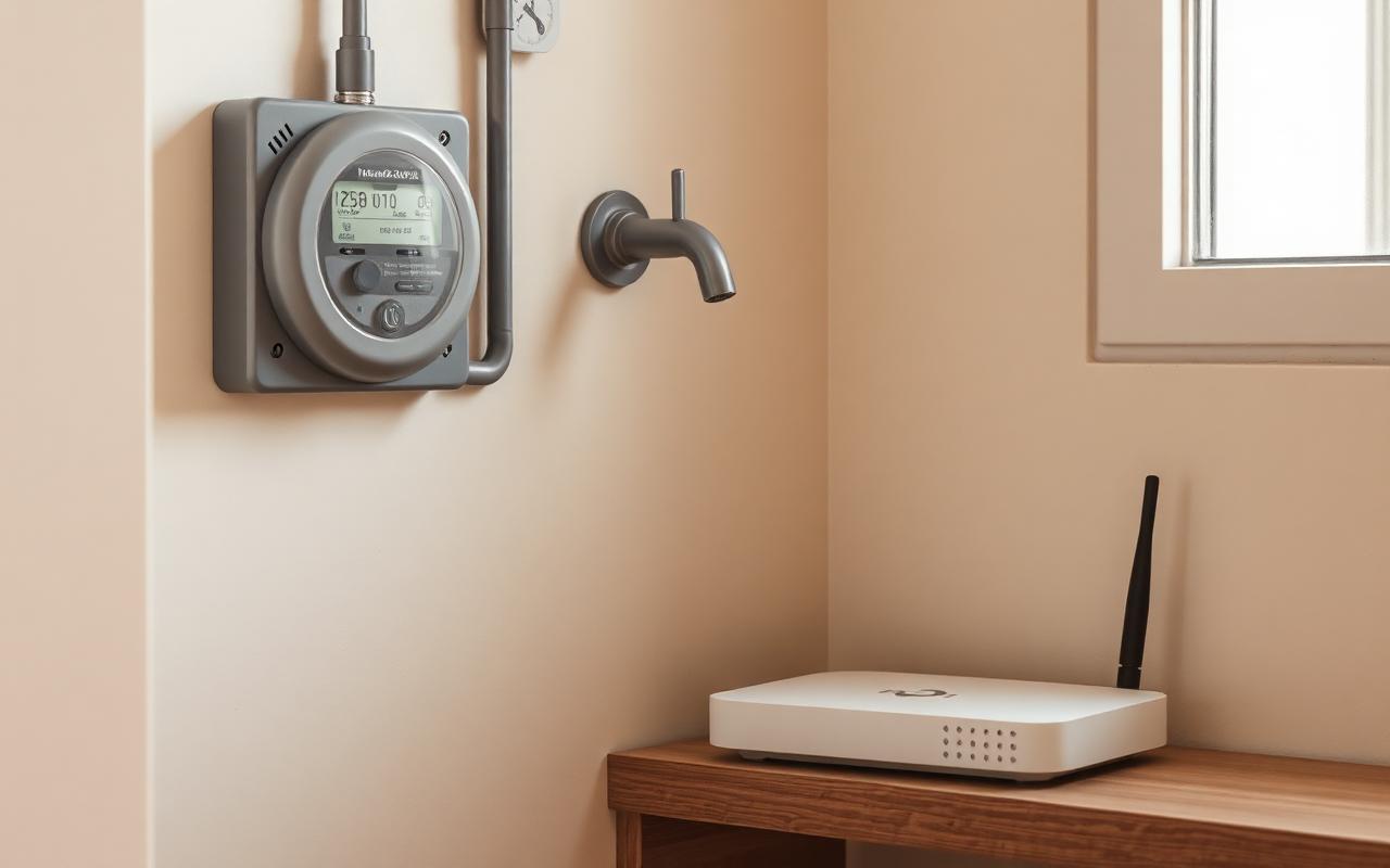 Medidor de electricidad, grifo de agua y router de internet en un rincón de servicios de apartamento con tonos cálidos