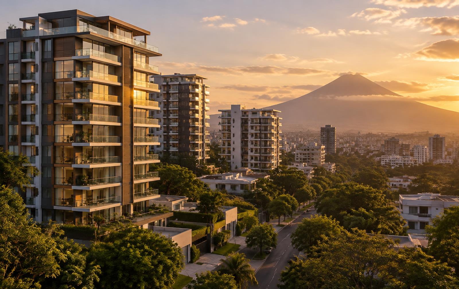 Residential towers in Escalón, San Salvador, with the San Salvador volcano behind