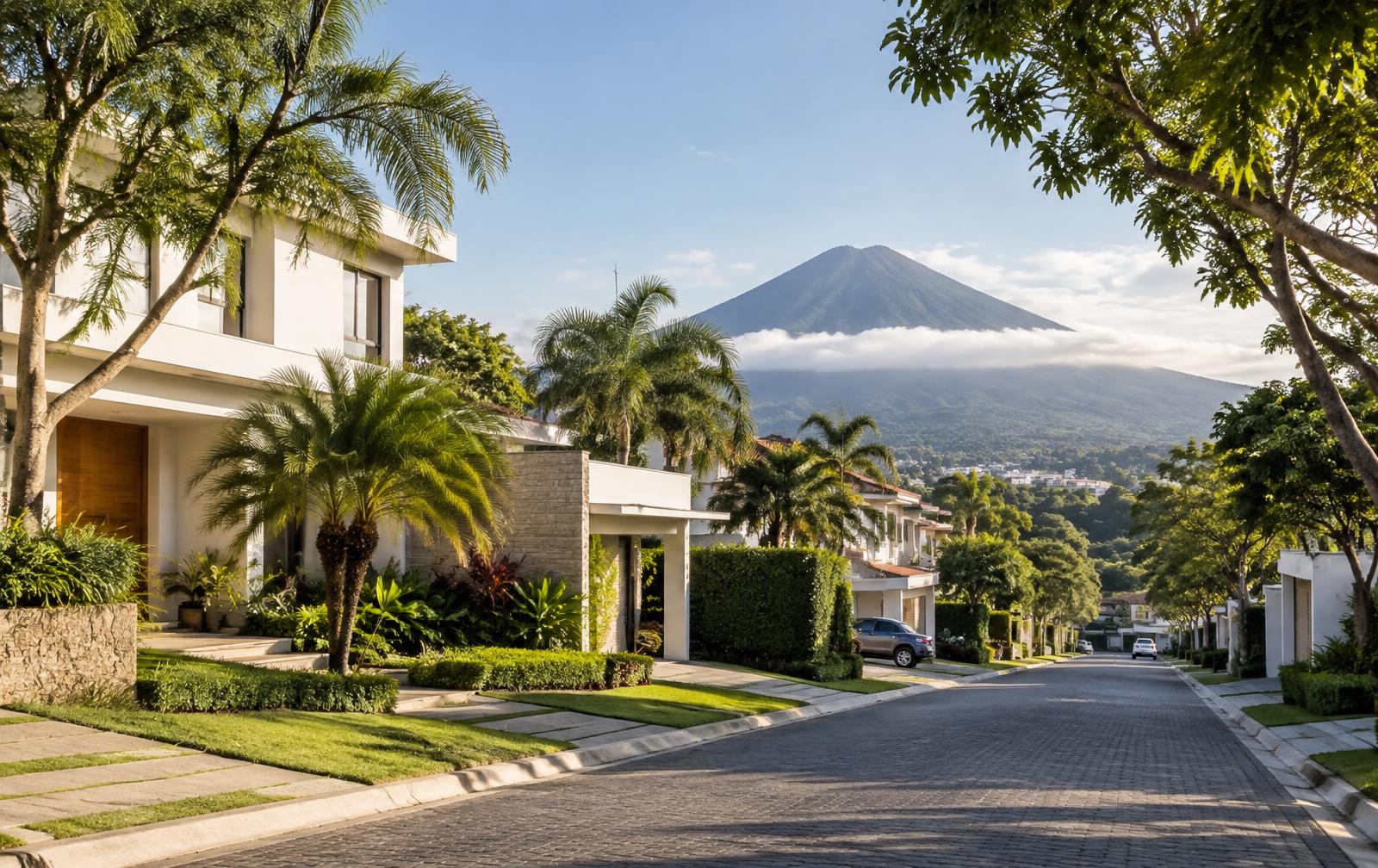 Residential street in Santa Tecla with the San Salvador volcano in the background